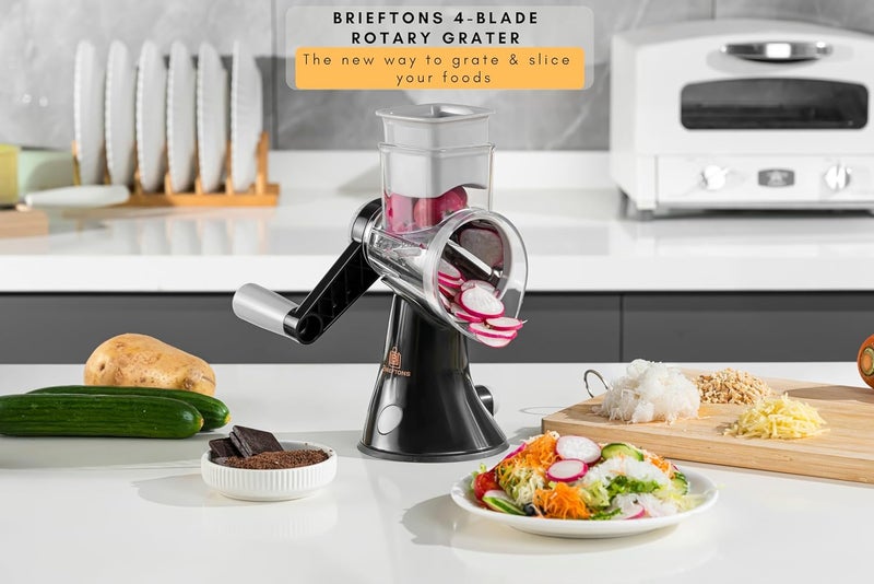 Brieftons 4-Blade Rotary Cheese Grater, Kitchen Food Cutter with Handle, Mandoline Vegetable Slicer, Nut Grinder, Hand Crank Shredder for Cheese, Vegetables, Fruits, Nuts, Easy to Use, Clean & Store - Image 2